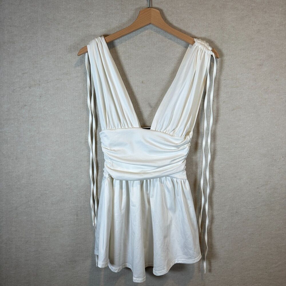 SHEIN White Plunge Mini Dress XS Ruched Waist Tie Shoulder Sleeveless